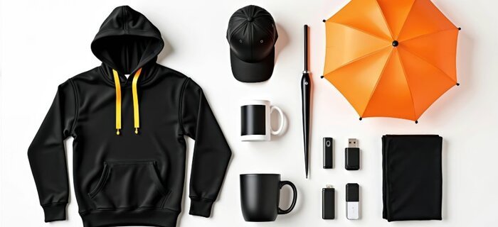 Promotional merchandise flat lay with hoodie, umbrella, mugs and USB drives